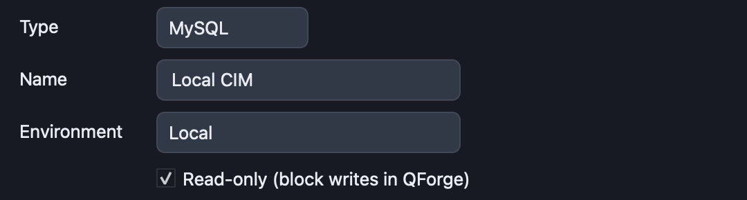 QForge connection settings with Read-only (block writes in QForge) checked