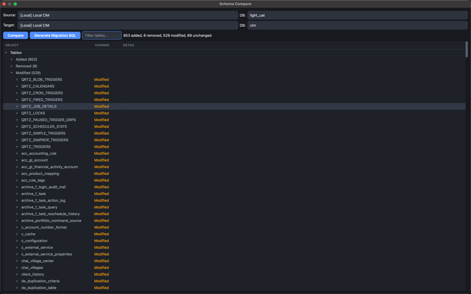 QForge Schema Compare showing added, removed, and modified tables between two databases