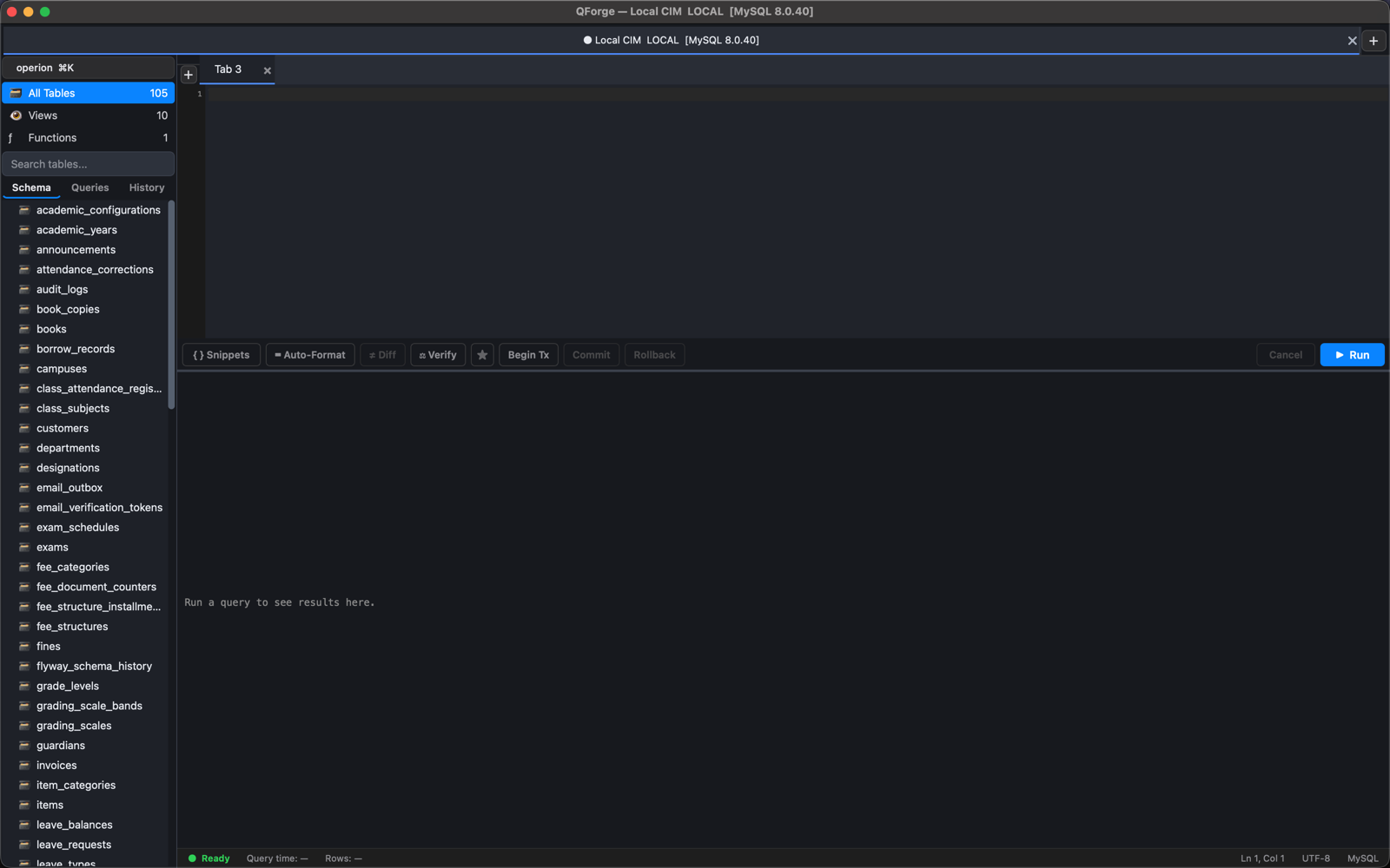QForge SQL editor with the schema explorer sidebar, connected to a MySQL database